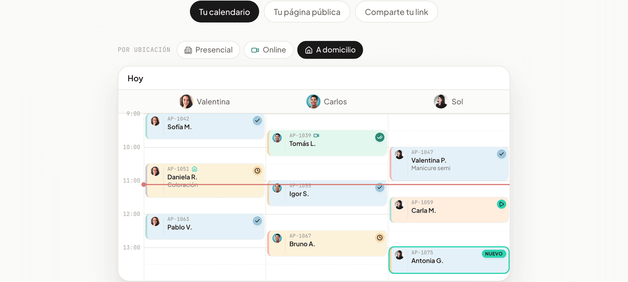 Calendario de Agendapia con columnas por profesional y tarjetas de cita de color