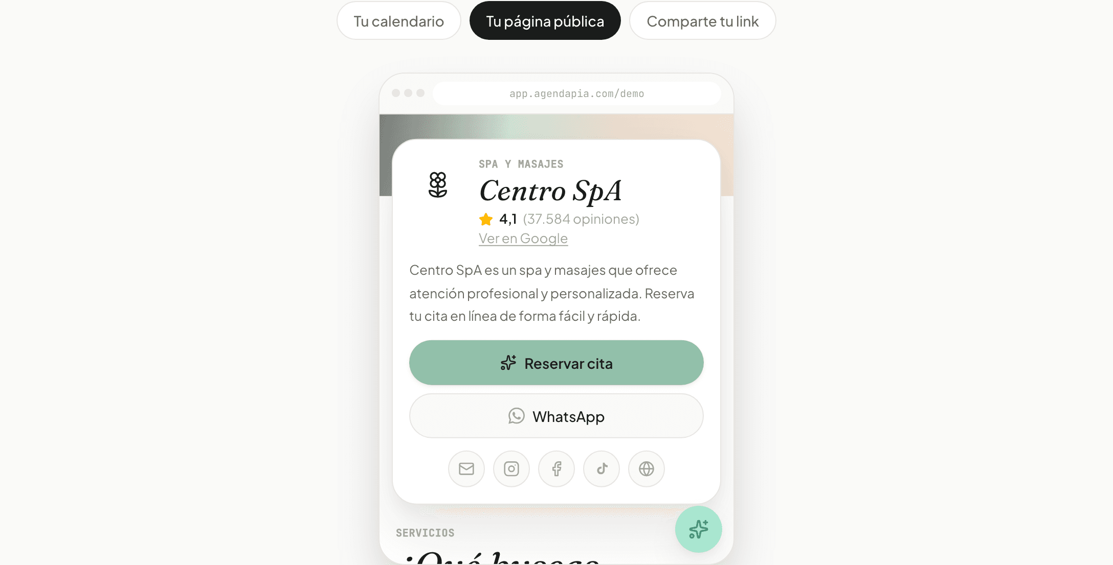 Página pública de reservas de Agendapia con el botón Reservar cita