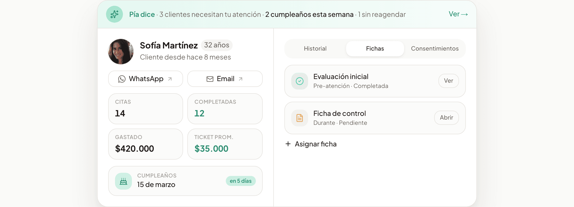 Ficha de cliente en Agendapia con el aviso de Pía sobre a quién atender