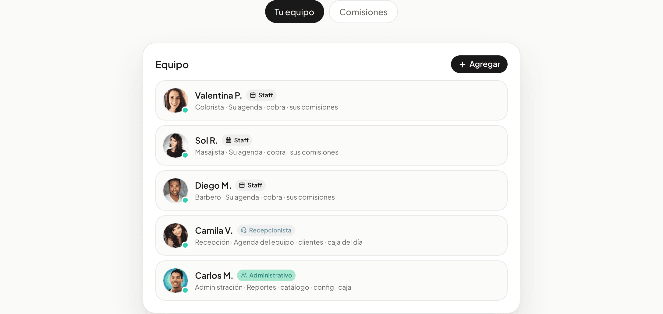 Lista de miembros del equipo en Agendapia con el botón Agregar